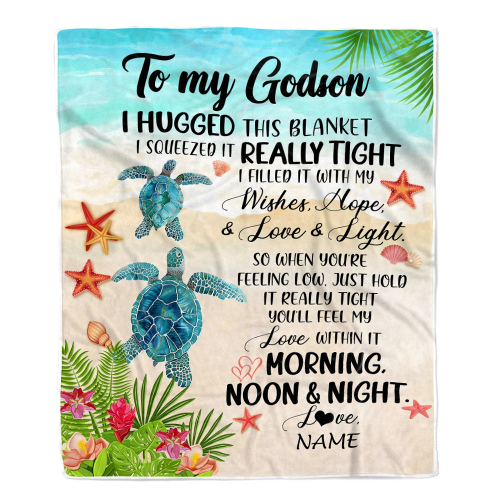 Personalized To My Godson Blanket From Godmother Aunt I Hugged This With Love Turtle Beach Godson Birthday Graduation Christmas Customized Bed Fleece Blanket | teecentury