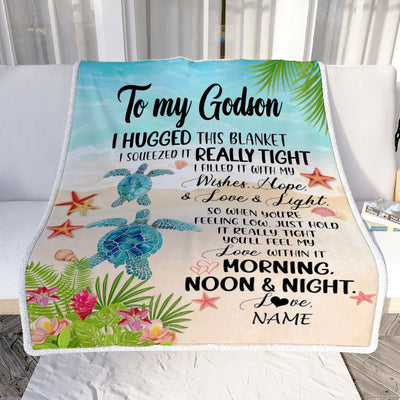 Personalized To My Godson Blanket From Godmother Aunt I Hugged This With Love Turtle Beach Godson Birthday Graduation Christmas Customized Bed Fleece Blanket | teecentury