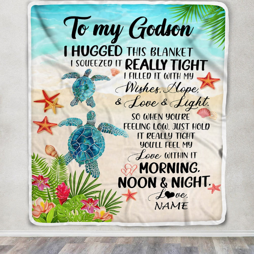 Personalized To My Godson Blanket From Godmother Aunt I Hugged This With Love Turtle Beach Godson Birthday Graduation Christmas Customized Bed Fleece Blanket | teecentury