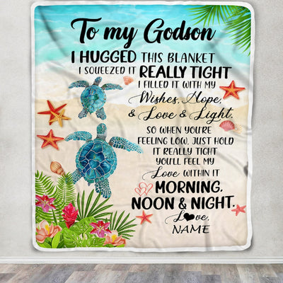Personalized To My Godson Blanket From Godmother Aunt I Hugged This With Love Turtle Beach Godson Birthday Graduation Christmas Customized Bed Fleece Blanket | teecentury
