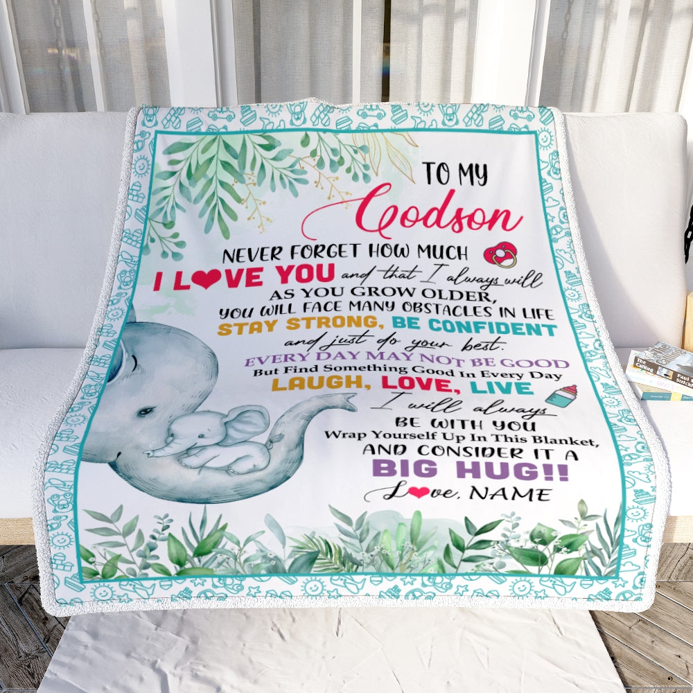 Personalized To My Godson Blanket From Godmother Aunt Never Forget I Love You Elephant Baby Boy Godson Birthday Christmas Customized Fleece Blanket | teecentury