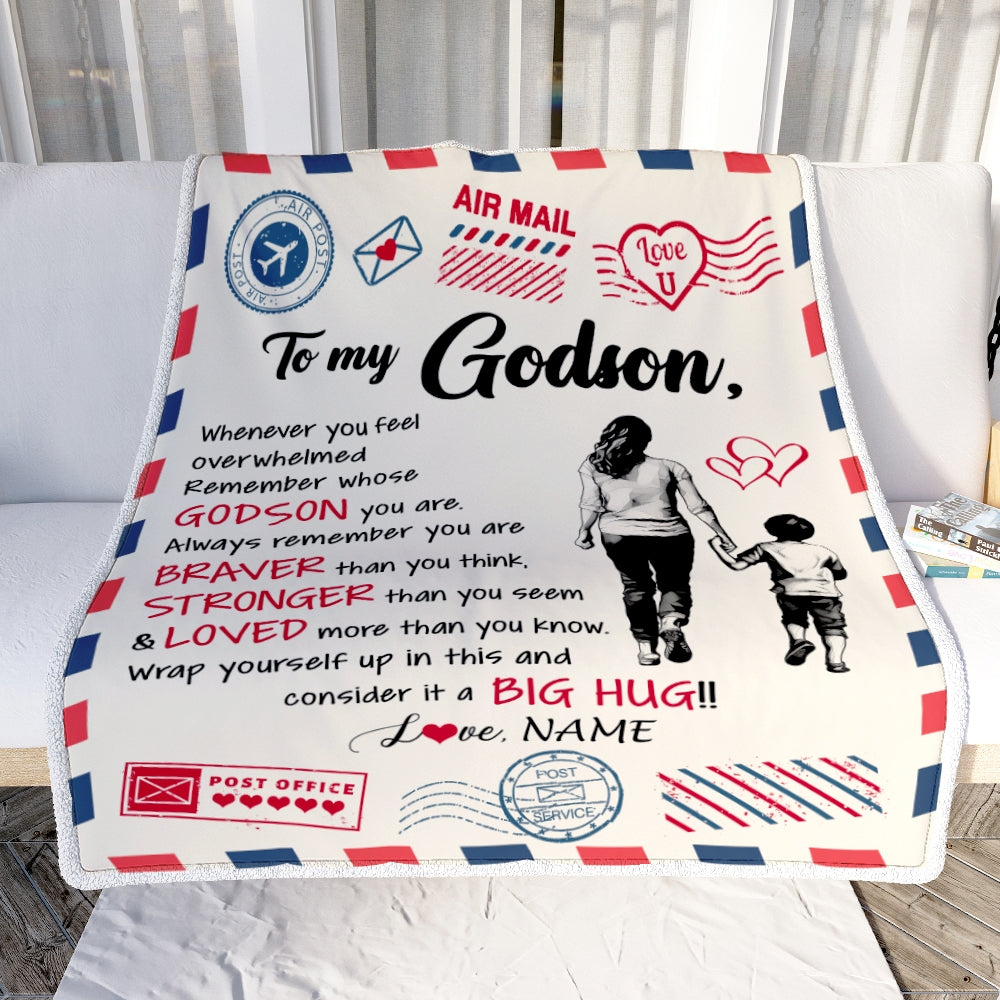 Personalized To My Godson Blanket From Godmother Braver Stronger Loved Airmail Godson Birthday Graduation Christmas Customized Bed Fleece Throw Blanket | teecentury