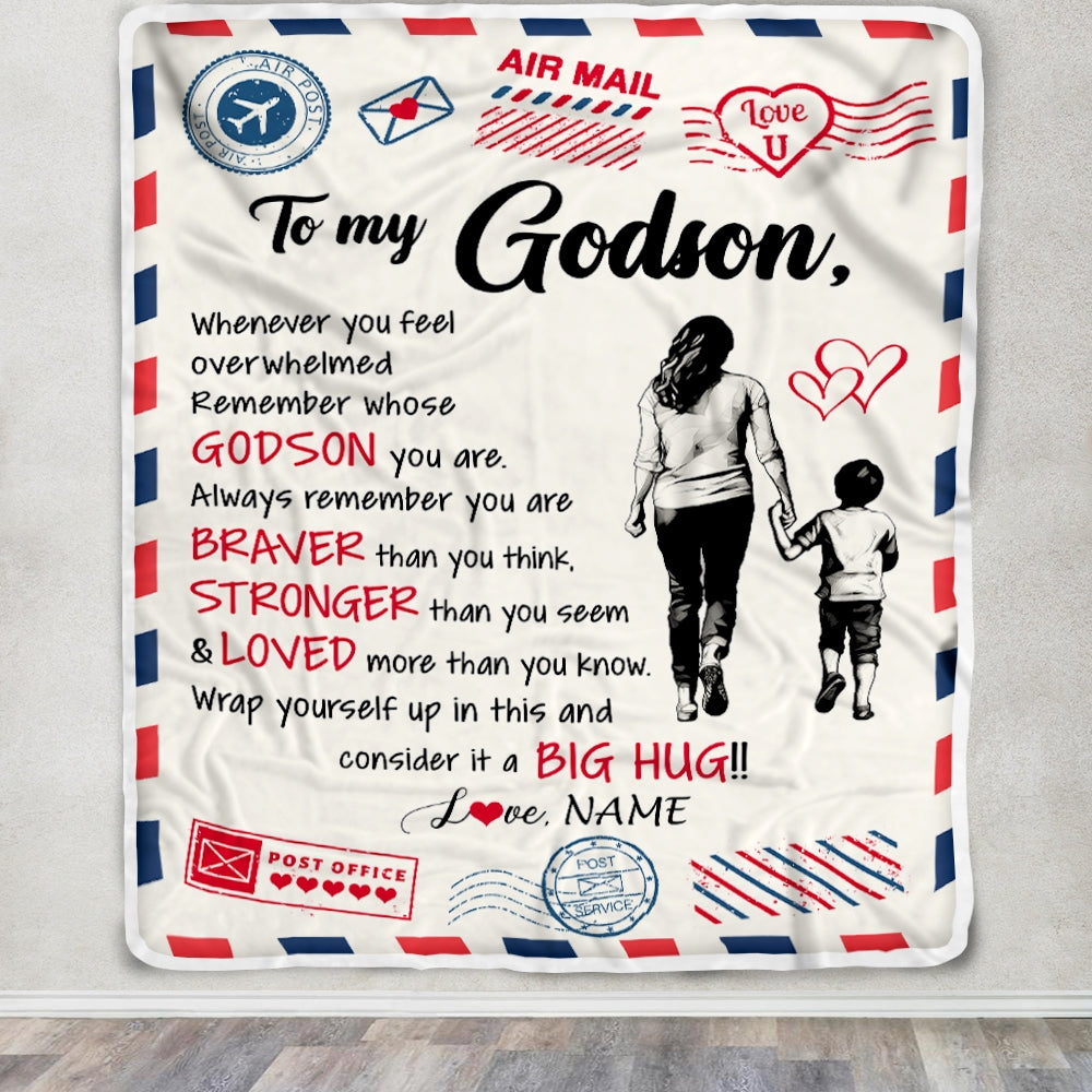 Personalized To My Godson Blanket From Godmother Braver Stronger Loved Airmail Godson Birthday Graduation Christmas Customized Bed Fleece Throw Blanket | teecentury