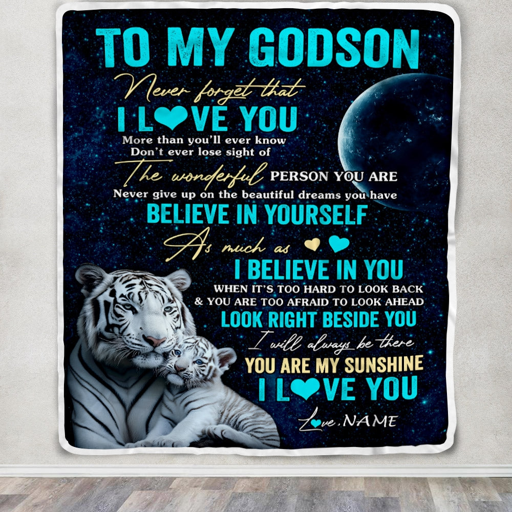 Personalized To My Godson Blanket From Godmother Godfather Never Forget I Love You White Tiger Godchild Godson Graduation Christmas Customized Fleece Blanket | teecentury