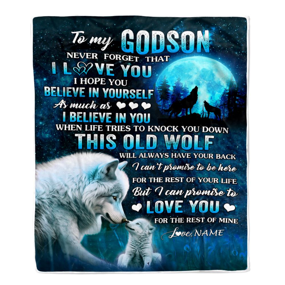 Personalized To My Godson Blanket From Godmother Godfather This Old Wolf Love Godson Birthday Gifts Graduation Christmas Customized Bed Fleece Throw Blanket | teecentury