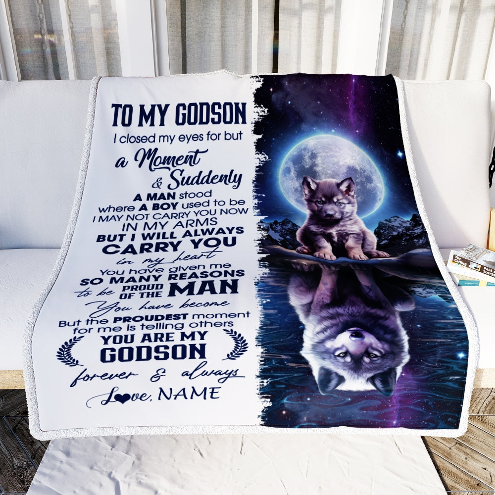 Personalized To My Godson Blanket From Godmother I Close My Eyes Wolf Godson Birthday Graduation Christmas Customized Gift Bed Fleece Throw Blanket | teecentury