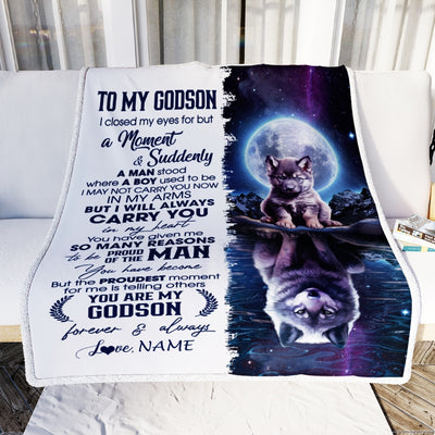 Personalized To My Godson Blanket From Godmother I Close My Eyes Wolf Godson Birthday Graduation Christmas Customized Gift Bed Fleece Throw Blanket | teecentury