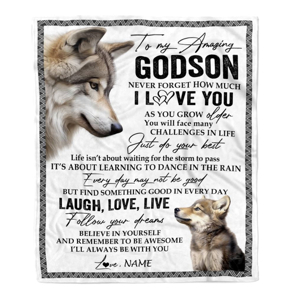 Personalized To My Godson Blanket From Godmother Just Do You Best Laugh Love Live Wolf Godchild Birthday Graduation Christmas Customized Fleece Throw Blanket | teecentury