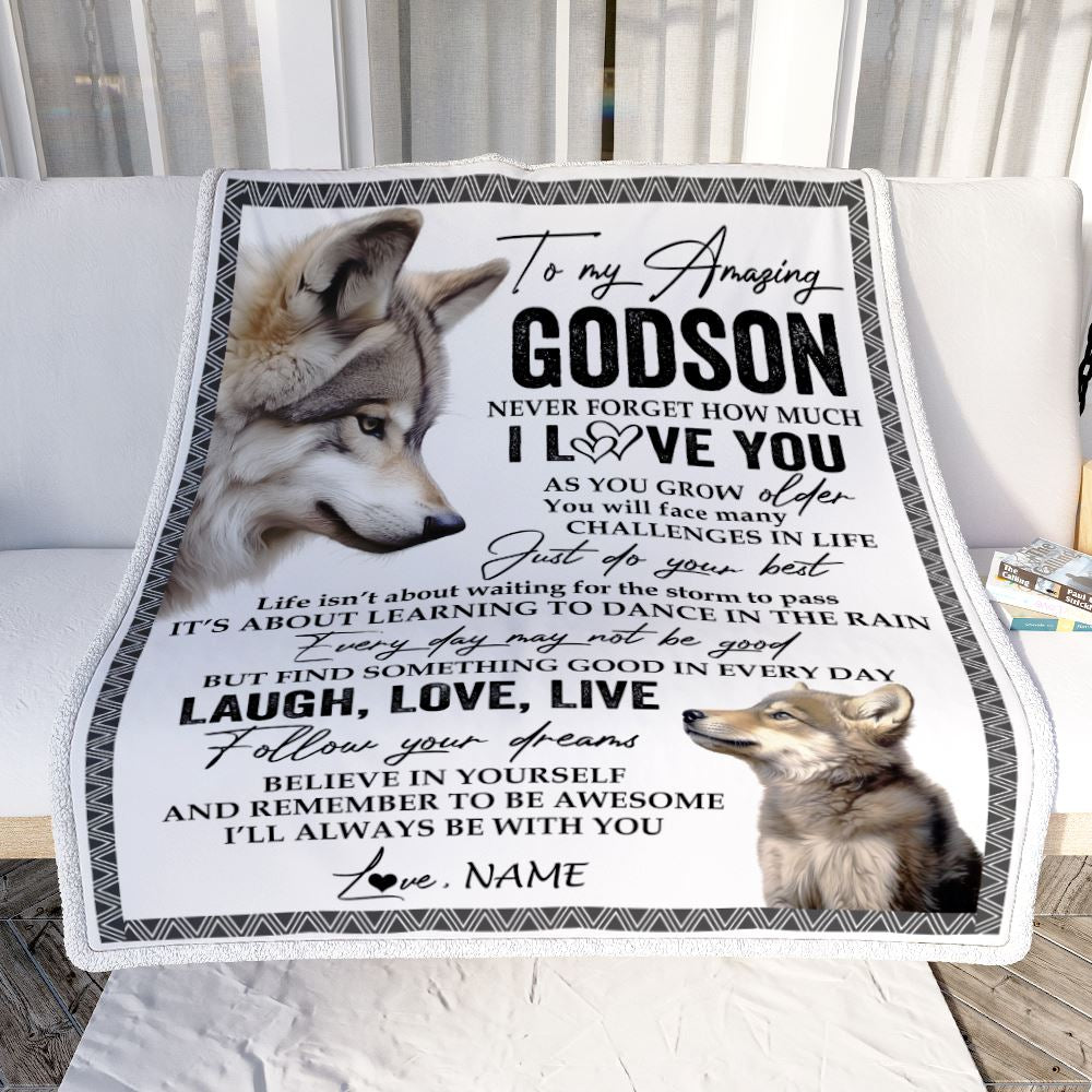 Personalized To My Godson Blanket From Godmother Just Do You Best Laugh Love Live Wolf Godchild Birthday Graduation Christmas Customized Fleece Throw Blanket | teecentury