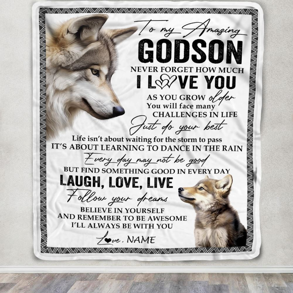 Personalized To My Godson Blanket From Godmother Just Do You Best Laugh Love Live Wolf Godchild Birthday Graduation Christmas Customized Fleece Throw Blanket | teecentury