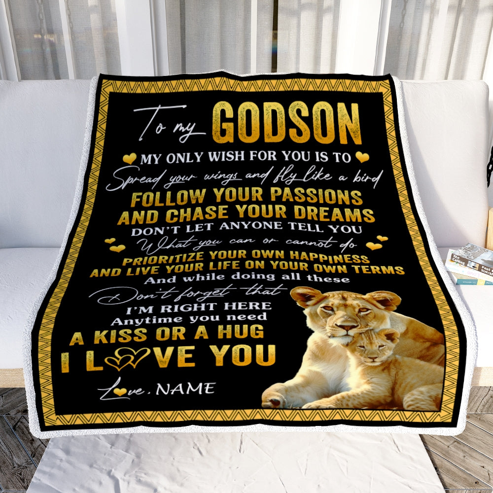 Personalized To My Godson Blanket From Godmother Lion My Only Wish For You Godson Birthday Graduation Christmas Customized Bed Fleece Throw Blanket | teecentury