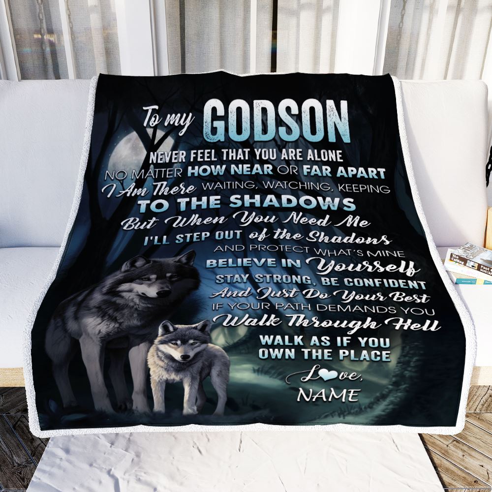 Personalized To My Godson Blanket From Godmother Never Feel That You Are Alone Wolf Godson Birthday Graduation Christmas Customized Gift Bed Fleece Blanket | teecentury