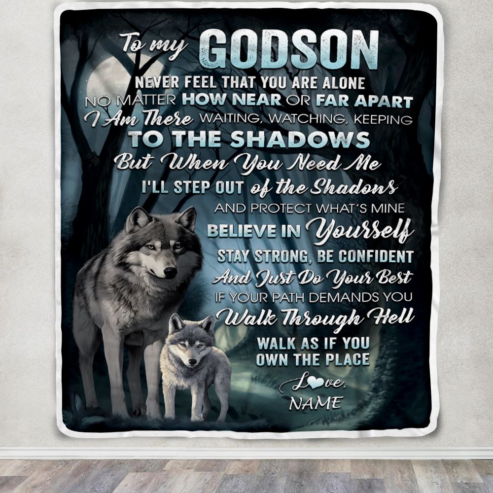 Personalized To My Godson Blanket From Godmother Never Feel That You Are Alone Wolf Godson Birthday Graduation Christmas Customized Gift Bed Fleece Blanket | teecentury