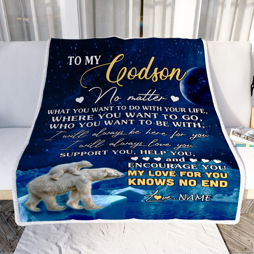 Personalized To My Godson Blanket From Godmother Polar Bear I Will Always Love You Godson Birthday Graduation Christmas Customized Bed Fleece Throw Blanket | teecentury