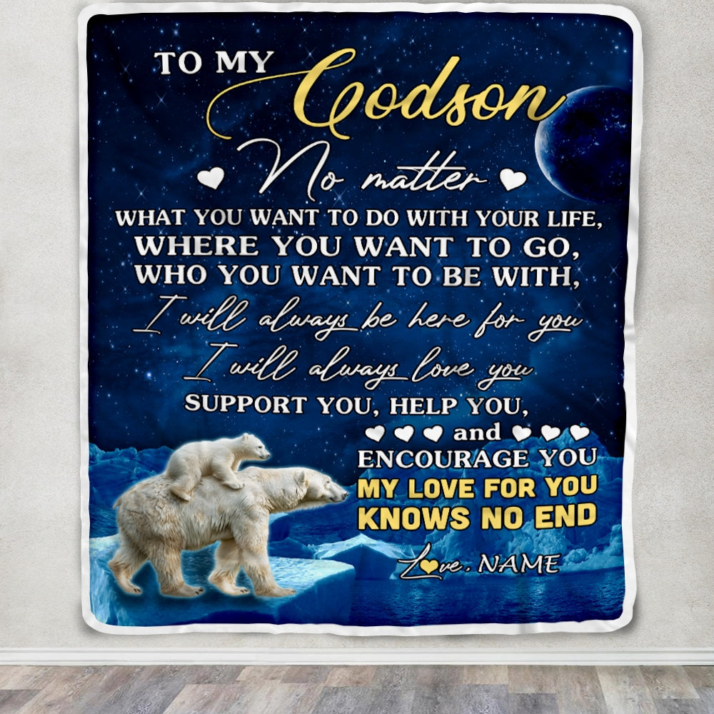 Personalized To My Godson Blanket From Godmother Polar Bear I Will Always Love You Godson Birthday Graduation Christmas Customized Bed Fleece Throw Blanket | teecentury