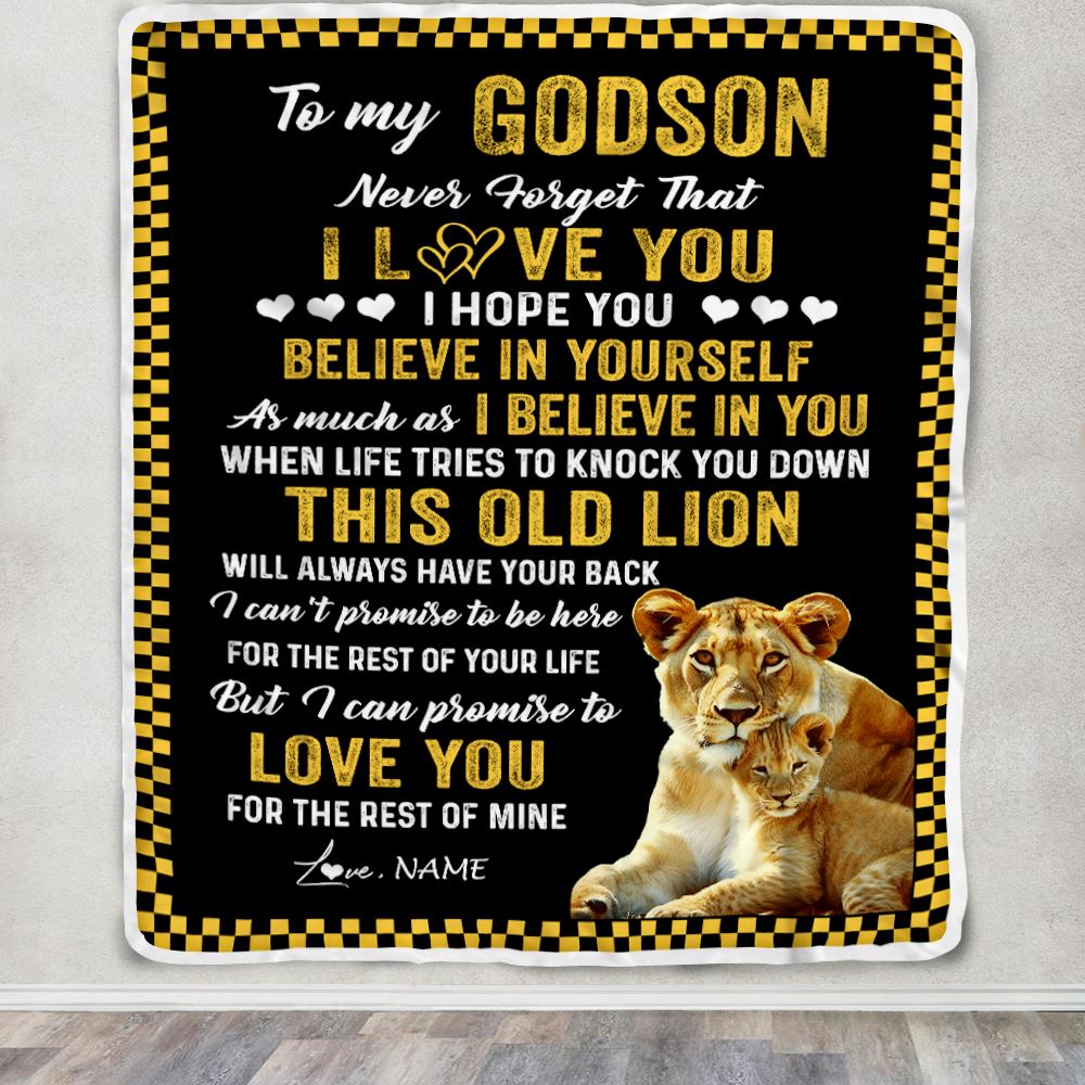 Personalized To My Godson Blanket From Godmother This Old Lion Love You Godson Birthday Graduation Christmas Customized Bed Fleece Throw Blanket | teecentury