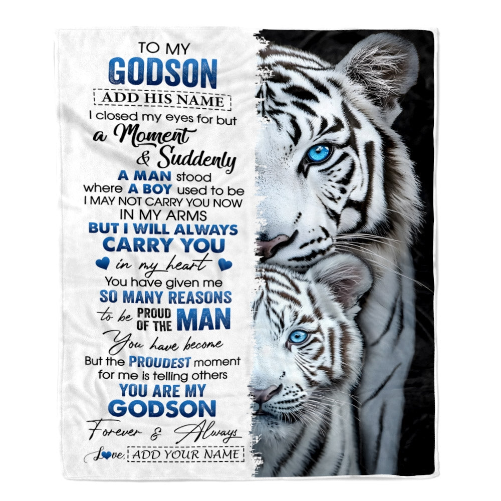 Personalized To My Godson Blanket From Godmother Uncle Godmother I Close My Eyes White Tiger Godson Birthday Gifts Graduation Christmas Fleece Throw Blanket | teecentury