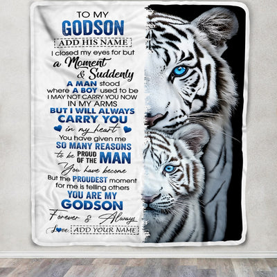 Personalized To My Godson Blanket From Godmother Uncle Godmother I Close My Eyes White Tiger Godson Birthday Gifts Graduation Christmas Fleece Throw Blanket | teecentury
