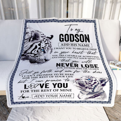 Personalized To My Godson Blanket From Godmother Uncle You Will Never Lose White Tiger Godson Birthday Gifts Graduation Christmas Customized Fleece Blanket | teecentury