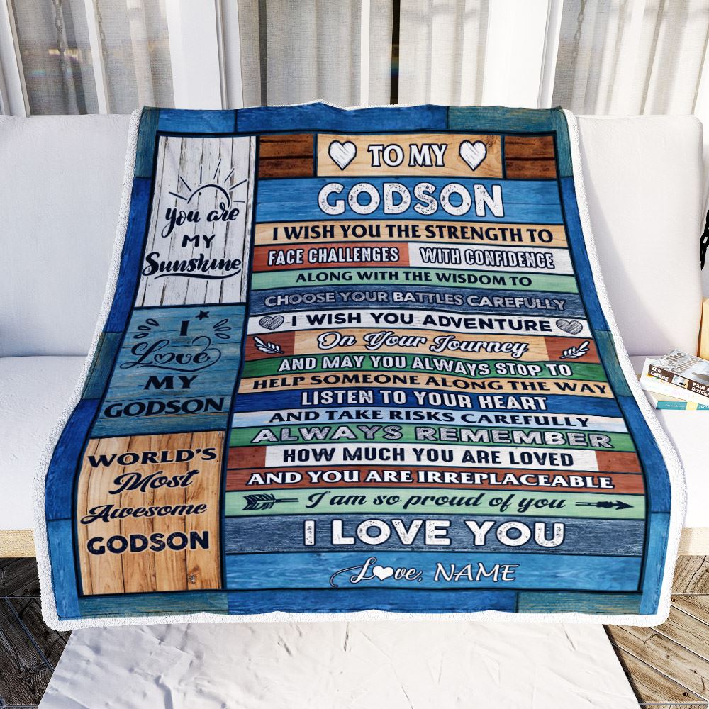 Personalized To My Godson Blanket From Godmother Wood Remember To Be Awesome Godson Birthday Graduation Christmas Customized Bed Fleece Blanket | teecentury
