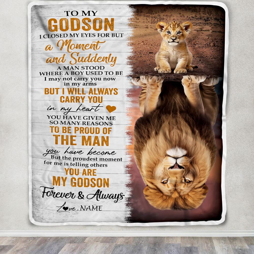 Personalized To My Godson Blanket From Granpa Grandma Lion Proud Of The Man You Have Become Godson Birthday Gifts Graduation Christmas Fleece Blanket | teecentury