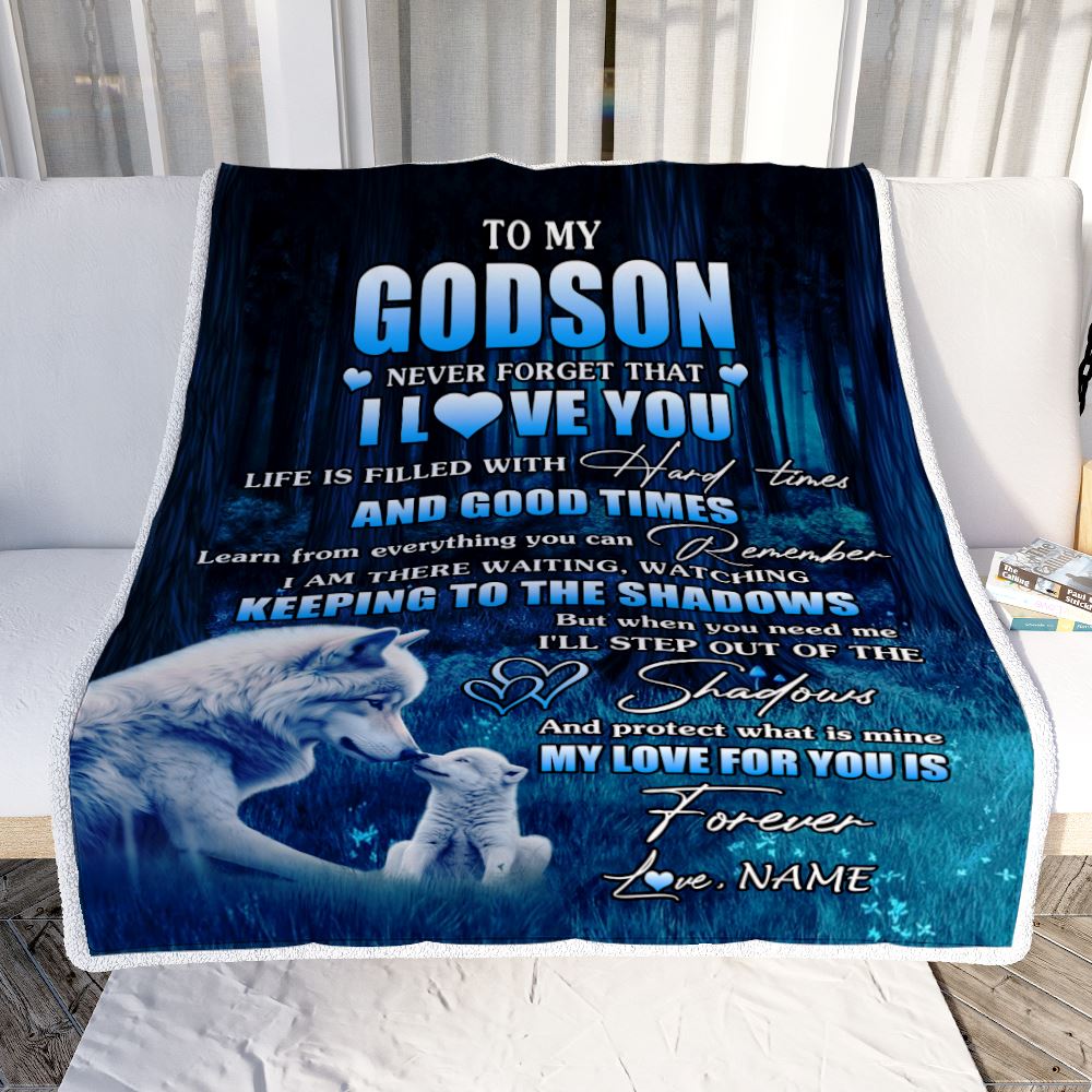 Personalized To My Godson Blanket From Uncle Wolf Never Forget That I Love You Moon Dark Forest Godson Birthday Gifts Christmas Customized Fleece Blanket | teecentury