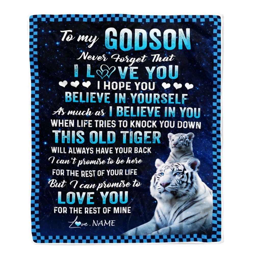 Personalized To My Godson Blanket Gift From Godmother Uncle This Old Tiger Love You Godson Birthday Graduation Christmas Customized Bed Fleece Throw Blanket | teecentury
