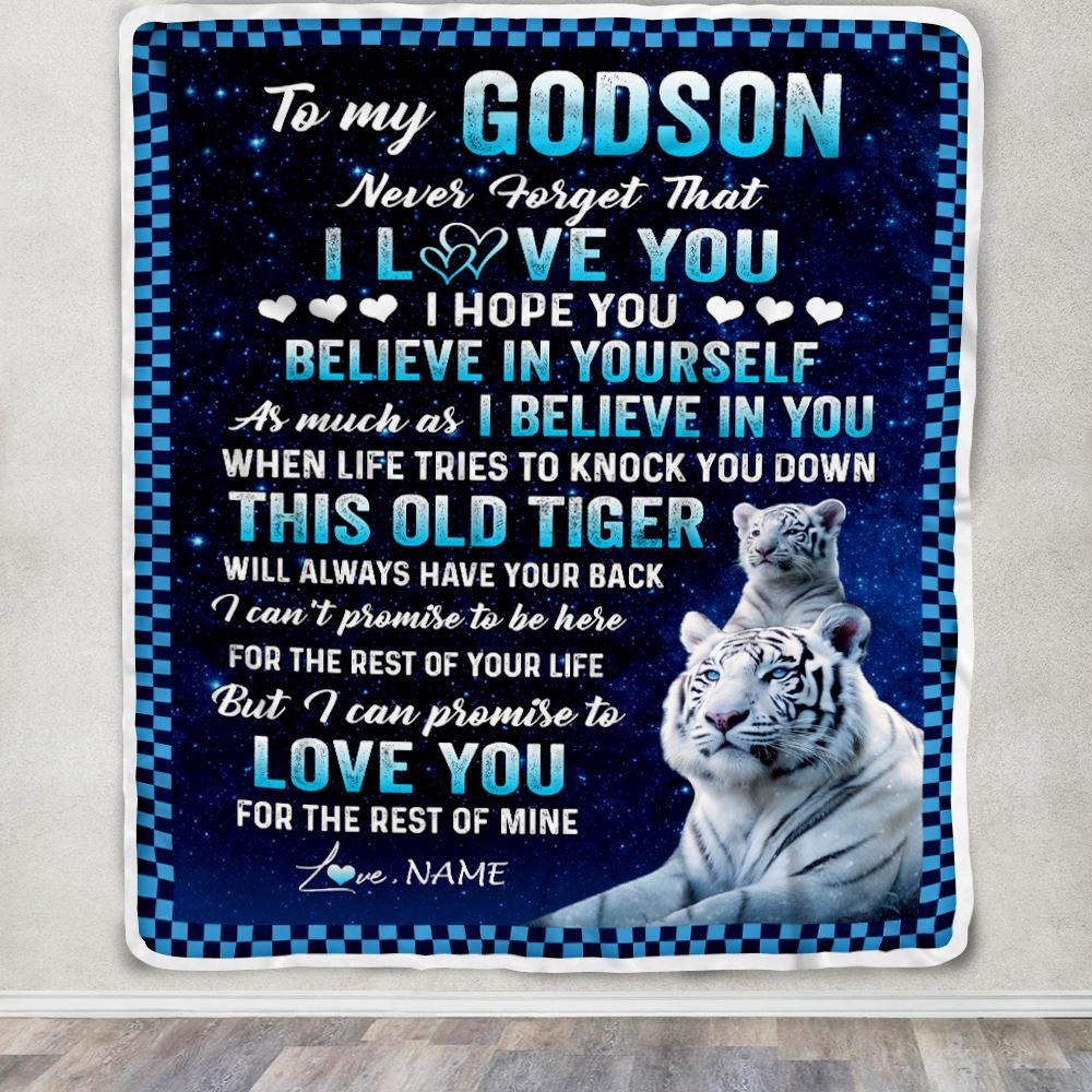 Personalized To My Godson Blanket Gift From Godmother Uncle This Old Tiger Love You Godson Birthday Graduation Christmas Customized Bed Fleece Throw Blanket | teecentury