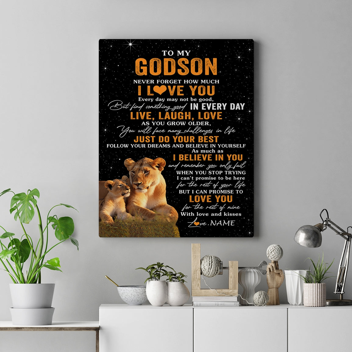 Personalized To My Godson Canvas From Aunt Live Laugh Love Lion Godchild Godson Birthday Gifts Positive Graduation Christmas Custom Wall Art Print Framed Canvas | teecentury