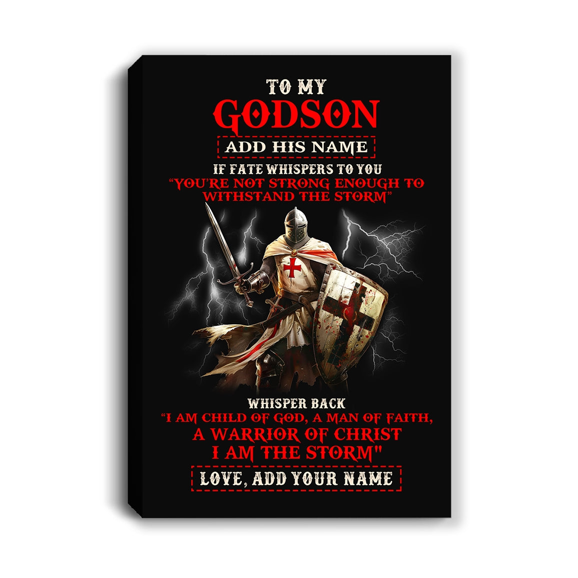 Personalized To My Godson Canvas From Godfather For Men Warrior Knight Templar I Am The Storm Birthday Gifts For Godson Christmas Customized Framed Canvas | teecentury