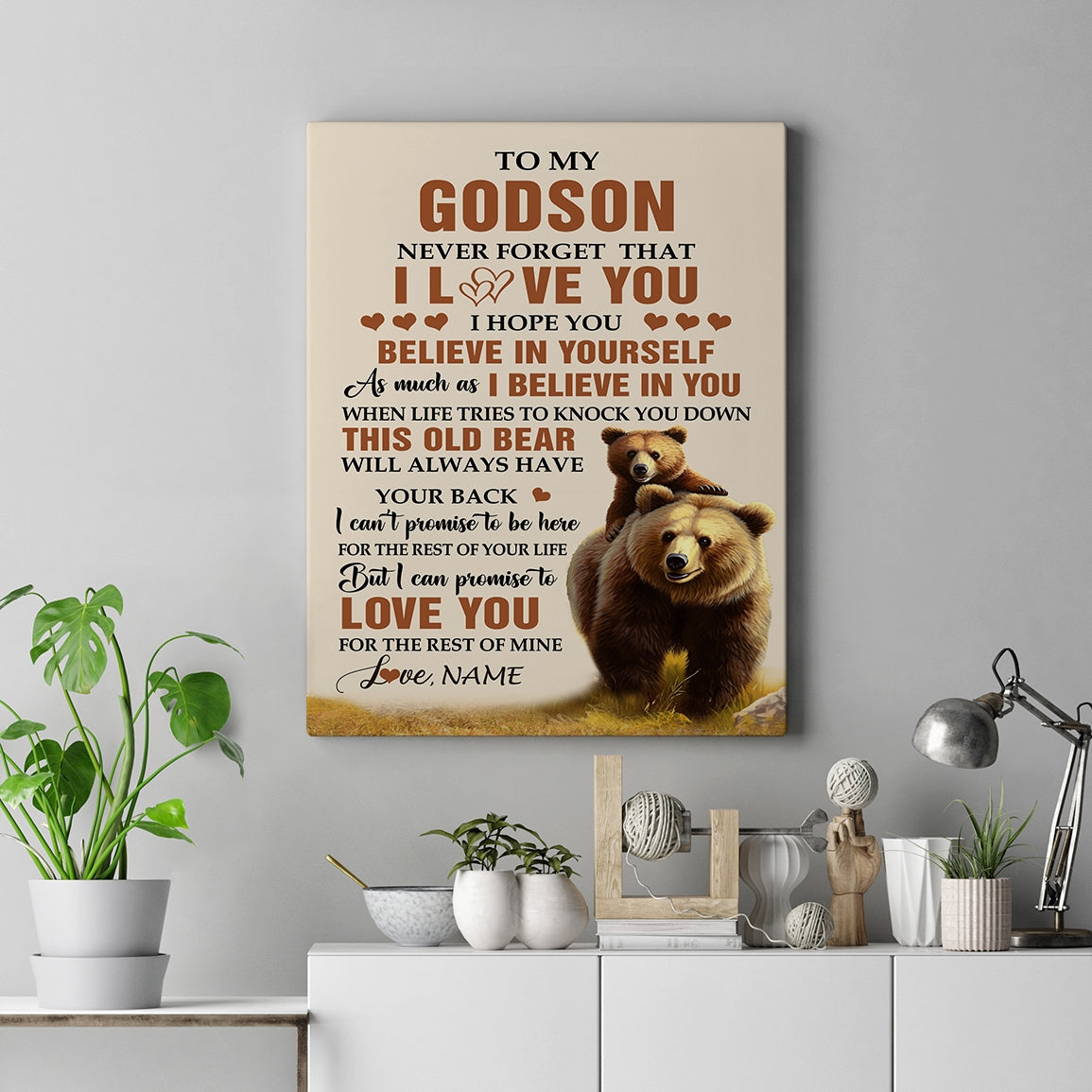 Personalized To My Godson Canvas From Godfather Godmother This Old Bear Love You Godson Birthday Gifts Graduation Christmas Custom Wall Art Print Framed Canvas | teecentury