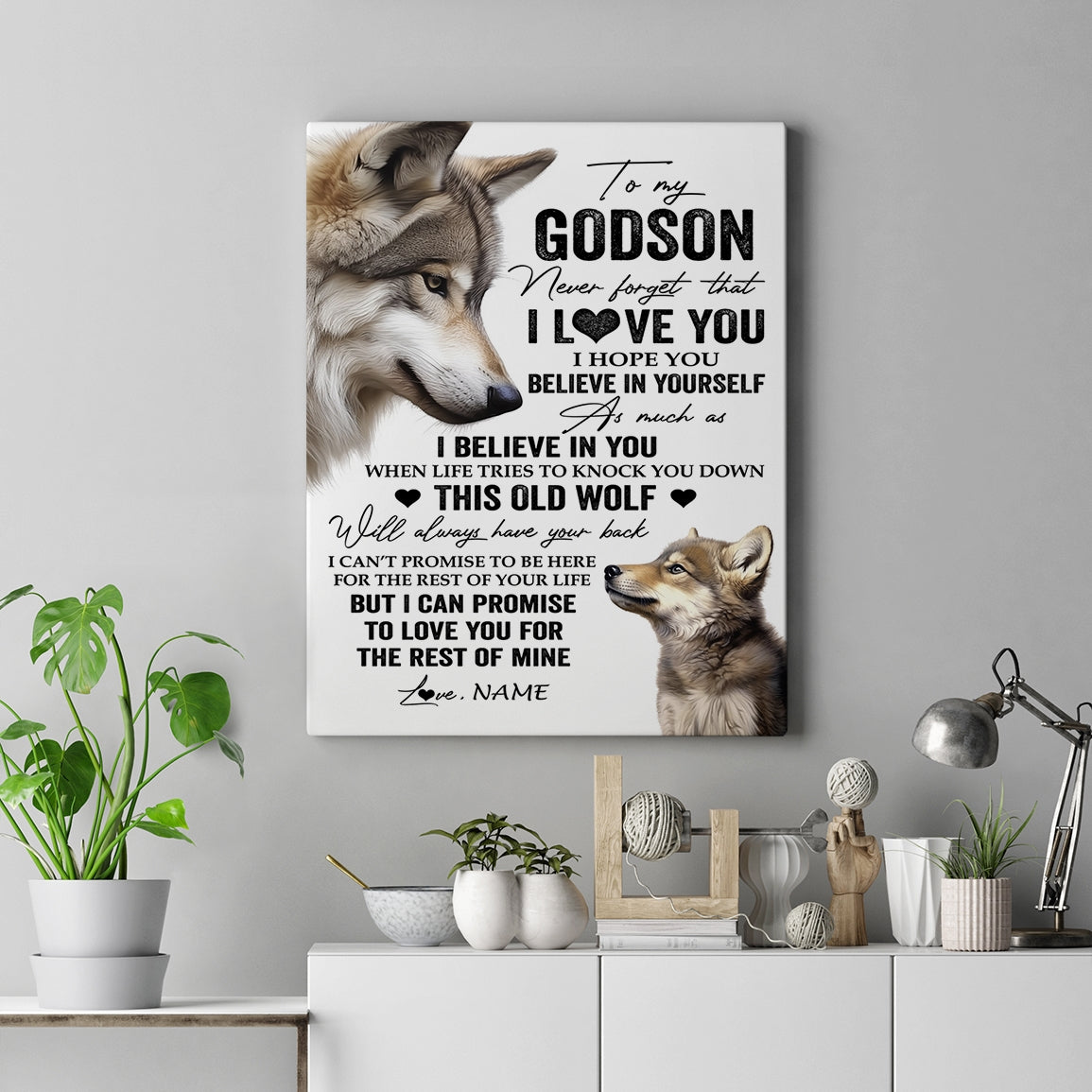 Personalized To My Godson Canvas From Godfather Godmother This Old Wolf Love You Godson Birthday Gifts Graduation Christmas Custom Wall Art Print Framed Canvas | teecentury