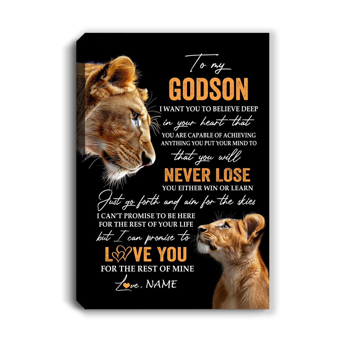 Personalized To My Godson Canvas From Godmother Aunt You Will Never Lose Lion Godson Birthday Gifts Graduation Christmas Custom Wall Art Print Framed Canvas | teecentury