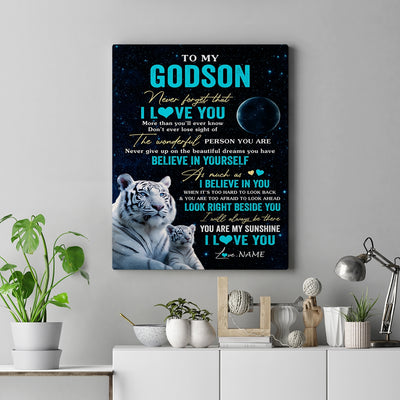 Personalized To My Godson Canvas From Godmother Godfather Never Forget I Love You White Tiger Godson Birthday Gifts Christmas Custom Wall Art Print Framed Canvas | teecentury