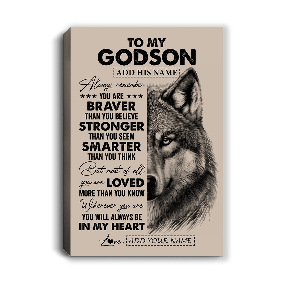 Personalized To My Godson Canvas From Godmother Godfather Wolf Braver Stronger Smarter Godson Birthday Graduation Christmas Custom Wall Art Print Framed Canvas | teecentury