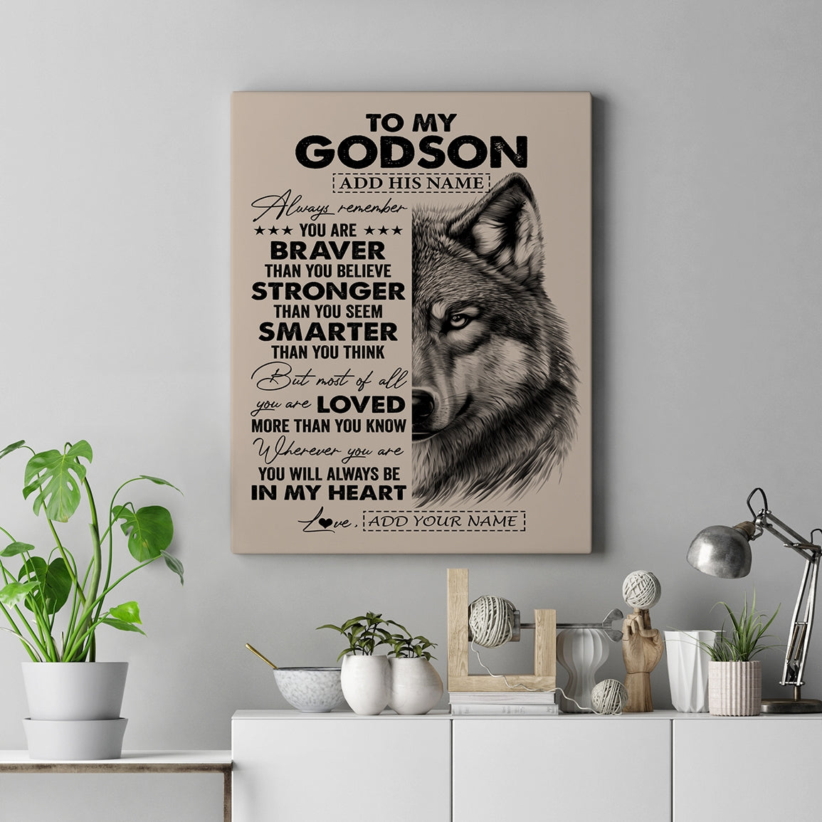 Personalized To My Godson Canvas From Godmother Godfather Wolf Braver Stronger Smarter Godson Birthday Graduation Christmas Custom Wall Art Print Framed Canvas | teecentury