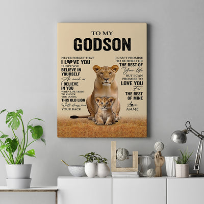 Personalized To My Godson Canvas From Godmother Lion Never Forget That I Love You Godson Birthday Gifts Graduation Christmas Custom Wall Art Print Framed Canvas | teecentury