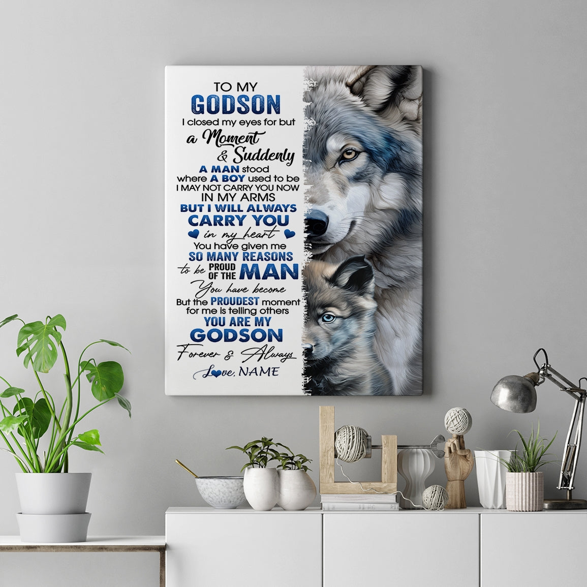 Personalized To My Godson Canvas From Godmother Uncle I Close My Eyes For But A Moment Wolf Godson Birthday Gifts Graduation Christmas Custom Wall Art Print Framed Canvas | teecentury