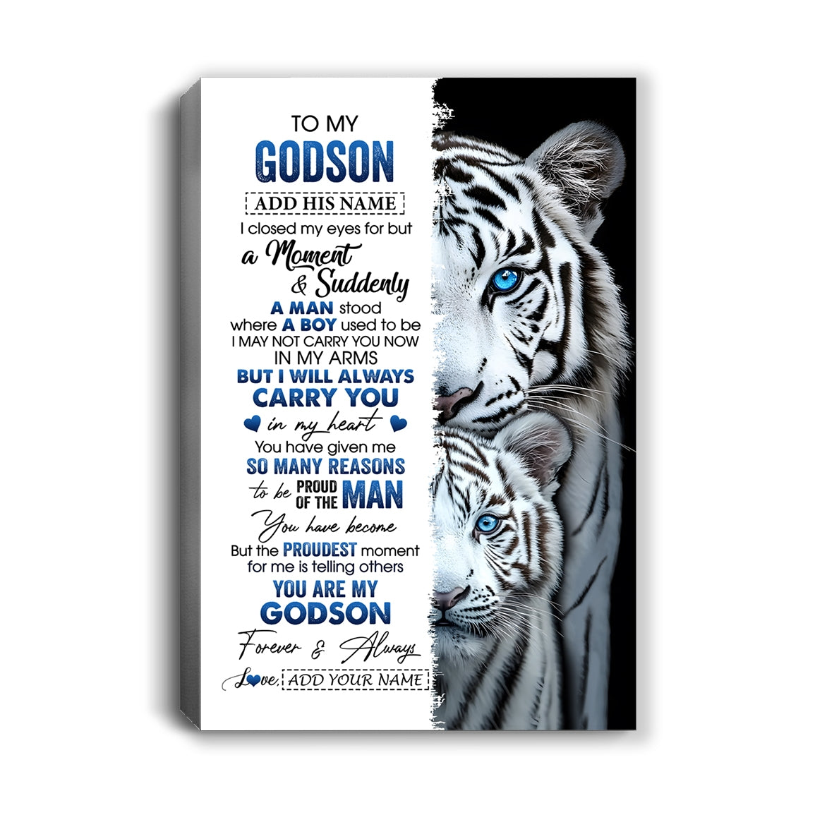 Personalized To My Godson Canvas From Godmother Uncle I Close My Eyes White Tiger Godson Birthday Gift Graduation Christmas Custom Art Print Framed Canvas | teecentury