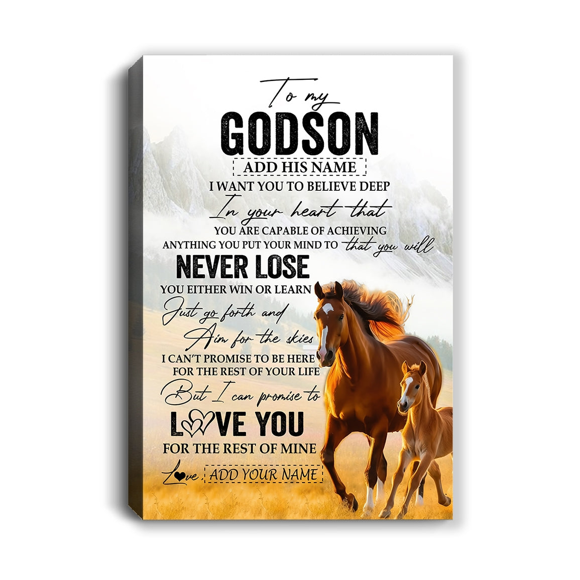 Personalized To My Godson Canvas From Godmother Uncle You Will Never Lose Horse Godson Birthday Gifts Graduation Christmas Custom Wall Art Print Framed Canvas | teecentury