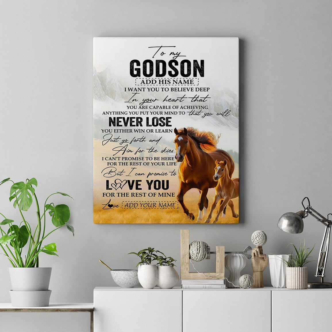 Personalized To My Godson Canvas From Godmother Uncle You Will Never Lose Horse Godson Birthday Gifts Graduation Christmas Custom Wall Art Print Framed Canvas | teecentury