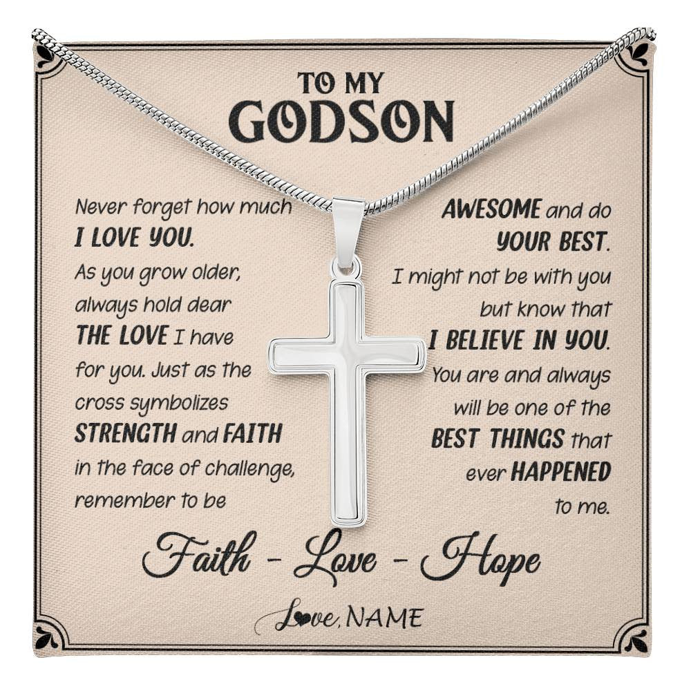 Stainless Cross Necklace Stainless Steel | 1 | Personalized To My Godson Cross Necklace From Godmother Strength And Faith Godson Birthday Gifts Graduation Christmas Customized Gift Box Message Card | teecentury