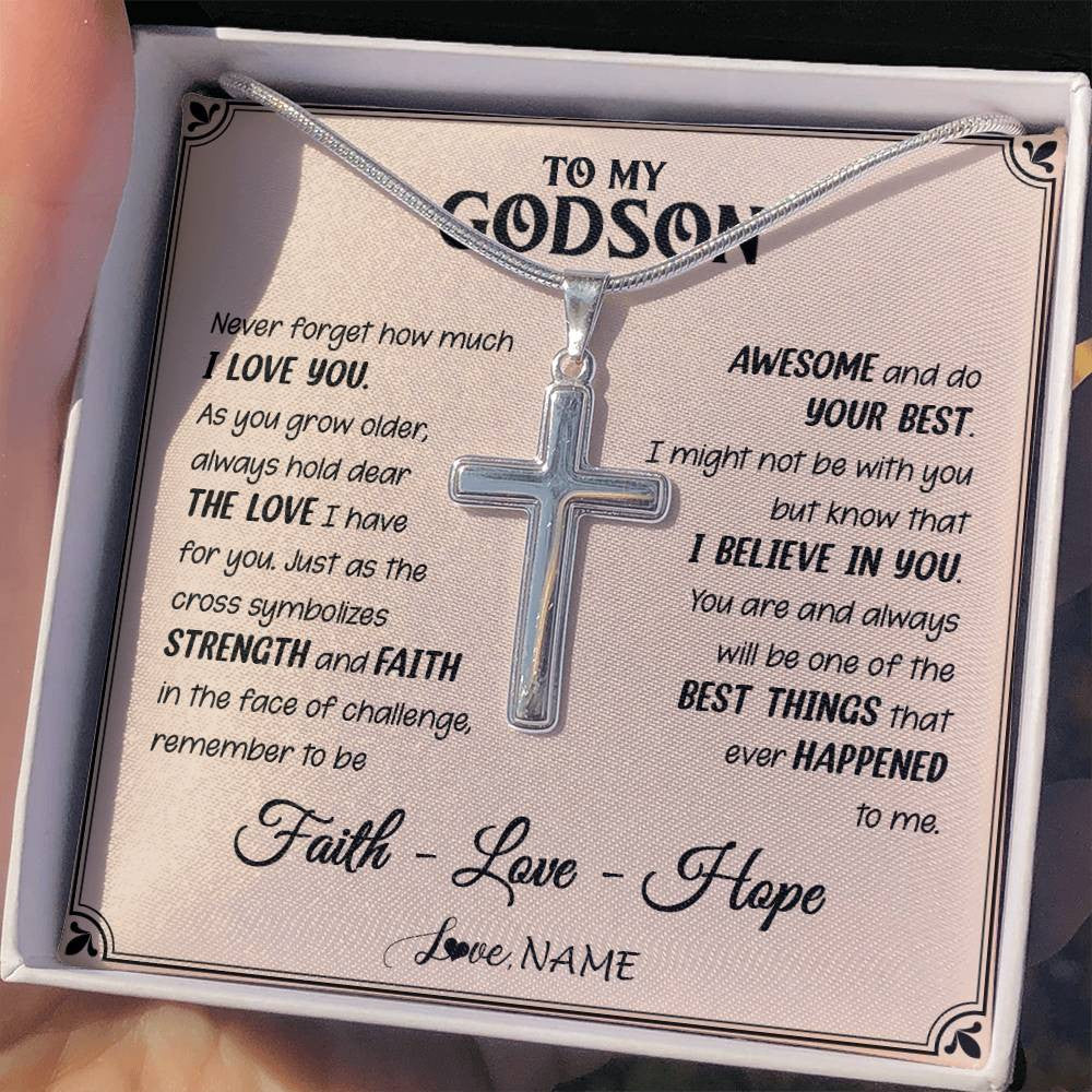 Stainless Cross Necklace Stainless Steel | 2 | Personalized To My Godson Cross Necklace From Godmother Strength And Faith Godson Birthday Gifts Graduation Christmas Customized Gift Box Message Card | teecentury
