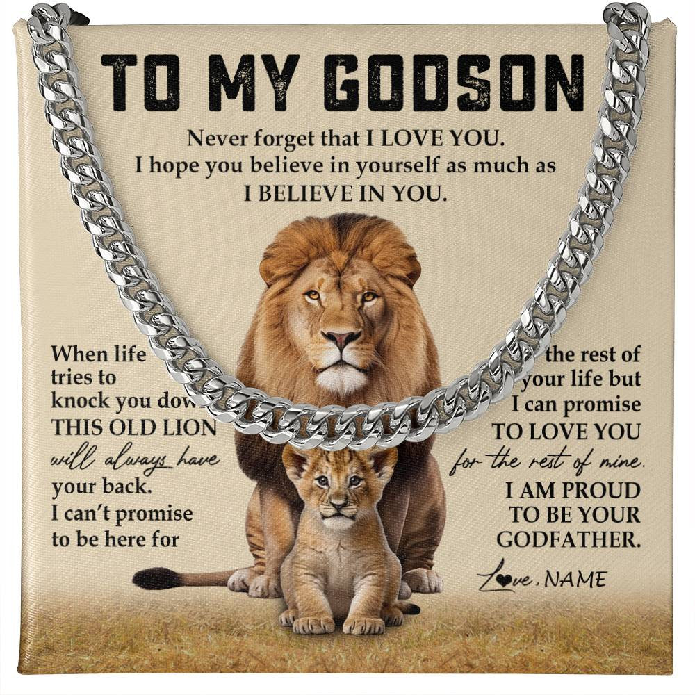 Cuban Link Chain Necklace Stainless Steel | 1 | Personalized To My Godson Cuban Necklace From Godfather Never Forget That I Love You Lion Godson Birthday Graduation Christmas Customized Gift Box Message Card | teecentury