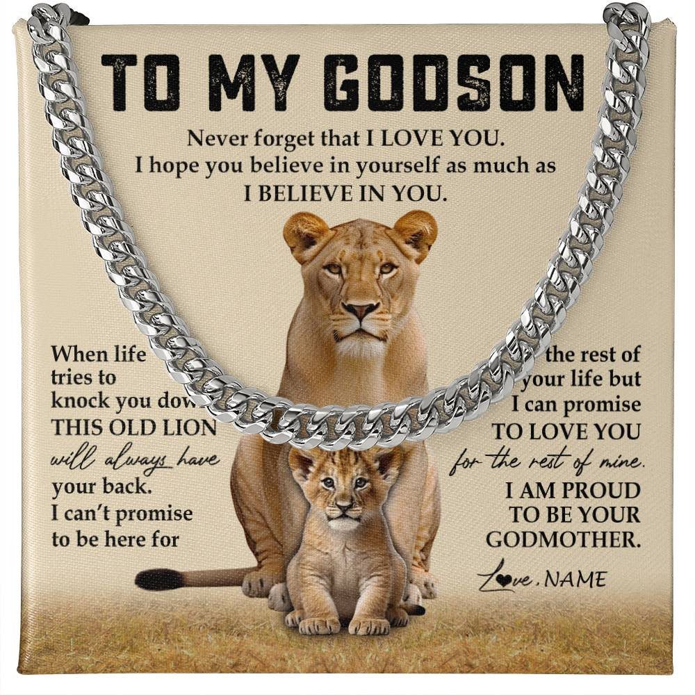 Cuban Link Chain Necklace Stainless Steel | 1 | Personalized To My Godson Cuban Necklace From Godmother Never Forget That I Love You Lion Godson Birthday Graduation Christmas Customized Gift Box Message Card | teecentury