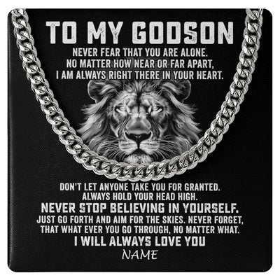 Cuban Link Chain Necklace Stainless Steel | 1 | Personalized To My Godson Cuban Necklace From Uncle Aunt Never Fear That You Are Alone Lion Godson Birthday Christmas Customized Gift Box Message Card | teecentury