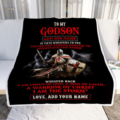 Personalized To My Godson From Godfather Blanket For Men Warrior Knight Templar I Am The Storm Godson Birthday Gifts Christmas Customized Fleece Blanket | teecentury
