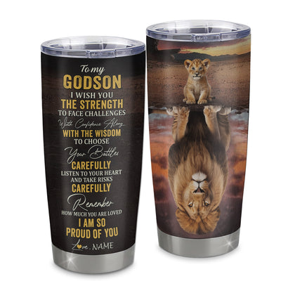 Personalized To My Godson From Godfather Godmother Stainless Steel Tumbler Cup I Wish You The Strength Lion Godson Birthday Graduation Christmas Travel Mug | teecentury