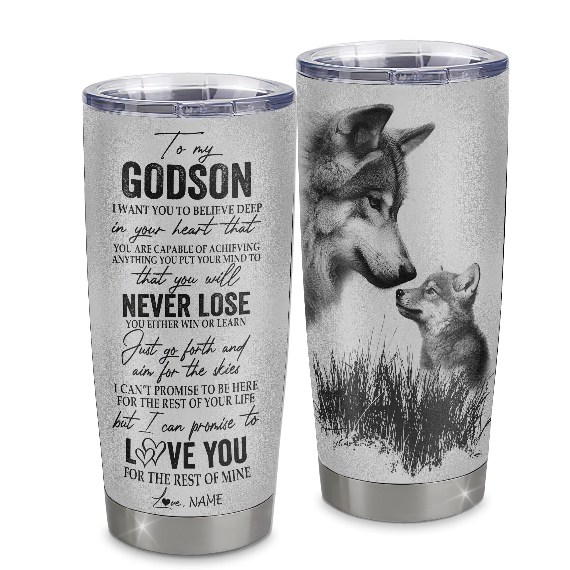 Personalized To My Godson From Godmother Godfather Stainless Steel Tumbler Cup You Will Never Lose Wolf Godson Birthday Graduation Christmas Travel Mug | teecentury