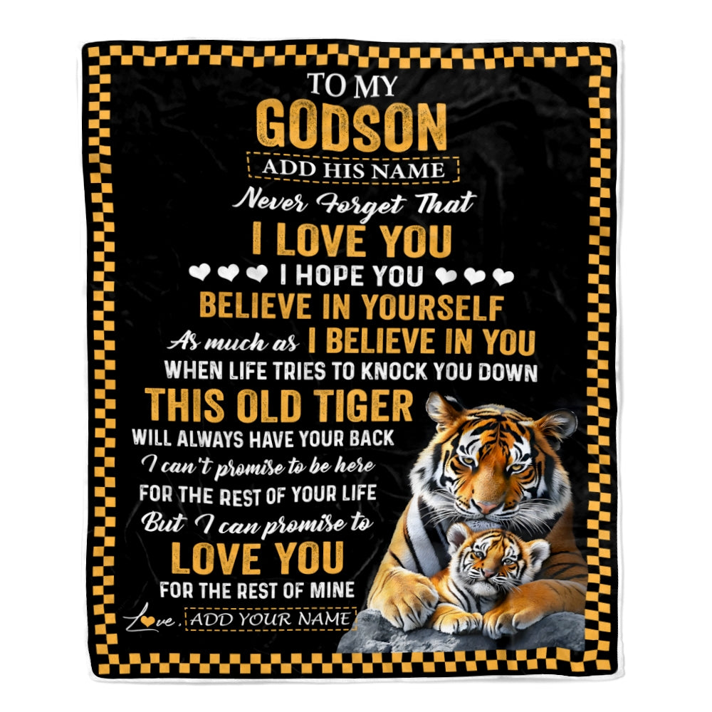 Personalized To My Godson Gifts Blanket From Aunt Uncle Godmother This Old Tiger Love You Godson Birthday Gifts Graduation Christmas Customized Fleece Blanket | teecentury